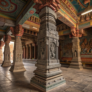 Yali sculpture located in the inner sanctum of Meenakshi Temple. Intricately carved stone pillar with grey and brown hues. Part of a larger temple complex adorned with multilevel carvings and mythical creatures.