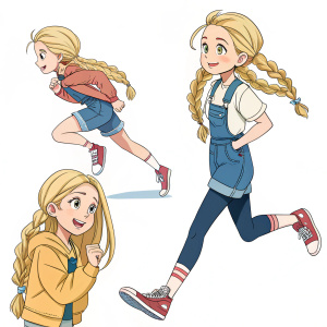 Illustration of Olivia, an anime girl with blonde braided hair. She is shown in various dynamic poses including sitting, standing, and running. The artwork is vibrant and detailed, showcasing her casual outfit and expressive face.