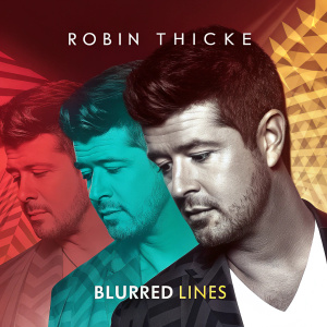 Digital artwork for Robin Thicke's 'Blurred Lines' album cover featuring multiple abstract faces