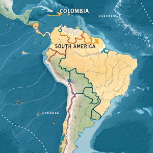 Interactive map highlighting Colombia within South America. Tectonic plate boundaries, labeled cities and geographical features, vibrant color scheme including blue, green, and yellow tones.