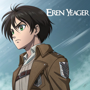 Eren Yeager from Attack on Titan, intense expression, green eyes, black hair, standing against a gradient blue background with Japanese and English text