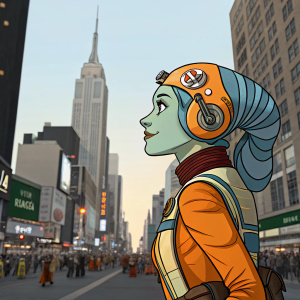 Hera Syndulla, Twi'lek character from Star Wars, in vibrant cartoon style. Set in the bustling streets of Coruscant.