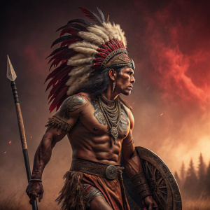 Fantasy art of a muscular Native American warrior. Fiery red and brown background. Fierce expression, determined stance, traditional outfit.
