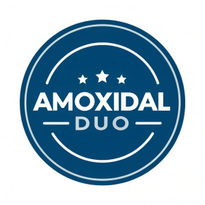 Amoxidal Duo logo featuring a minimalist icon in a circular shape, brand name in bold sans-serif font. Predominantly blue with a touch of white for contrast. Designed for clear recognition and memorability.
