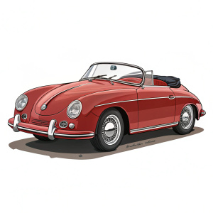 Vintage Porsche 356 Speedster in cherry red and slate gray. Classic curves and sleek lines. Iconic sports car design