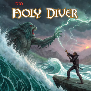 Album cover art for 'Holy Diver' by Dio. A fierce sea monster and a man in peril against turbulent seas. Vibrant hues and intense drama.