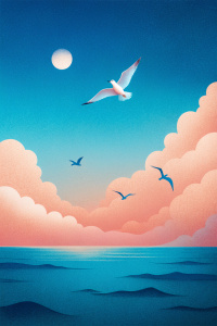 stylish surrealism illustration for a poster,   flat sea with a clear horizon, big sky and six flying white seagulls