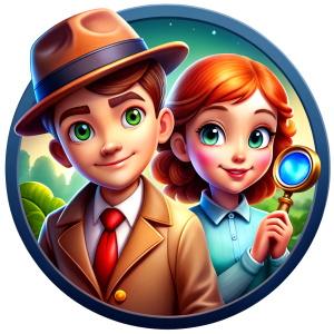 Crea un icono de un niño y una niña detective con una lupa sin fondo