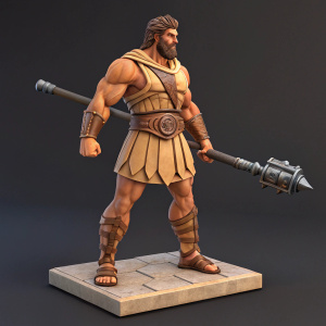 A lifelike action figure of Hercules. He stands tall with a fierce expression. The figure is made of flexible rubber, showcasing intricate details of his muscular build. Hercules wears a traditional Greek tunic and holds a mighty club. The base is a simple, square platform.