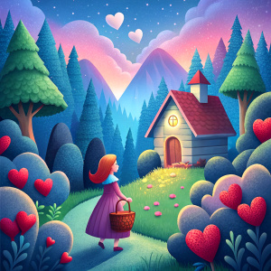 Illustration for the book background of a beautiful house in the forest. In the foreground is "Little Red Riding Hood", who went to visit her grandmother with a basket in her hand.