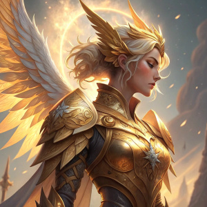Concept art of Mercy, a hero from Overwatch. She is depicted with a vibrant, mythical design. Golden armor with detailed dragon motifs