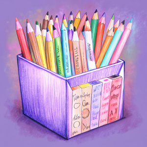 Una imagen de una caja de lápices de colores con palabras y frases escritas con diferentes colores y estilos de letra.
