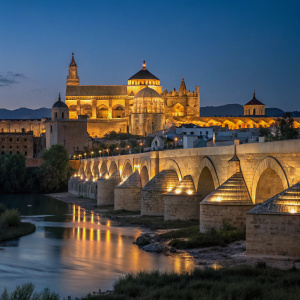 A serene night view of Cordoba, Spain. The Roman Bridge spans over the Guadalquivir River. The Mosque-Cathedral, bathed in warm golden lights, stands majestically against the deep dark blue sky. The calm water reflects the city's domes and towers.