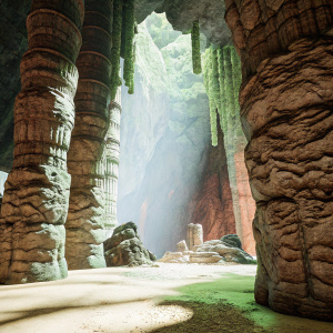Immersive fantasy landscape of The Legend of Zelda: Breath of the Wild. Majestic cave with towering stone pillars and intricate rock formations, bathed in mysterious shadows and glowing faintly.