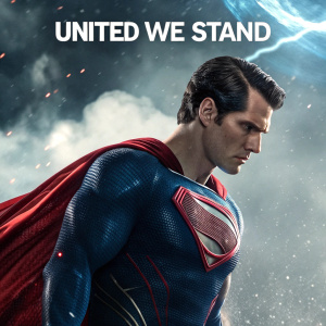 Promotional image for Justice League. Henry Cavill as Superman. Intense and dynamic pose. Background filled with swirling cosmic elements. Text reads 'United We Stand'