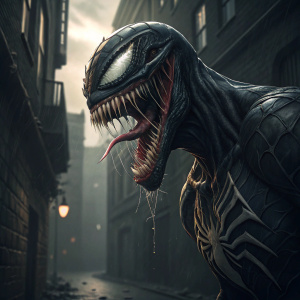 Scary close-up of Venom. Fanged mouth wide open. Dark alley background.
