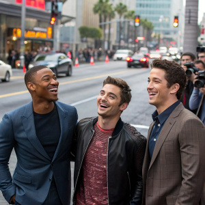 Michael B. Jordan, Zac Efron, and Miles Teller at a bustling Hollywood street corner, laughing and posing for photographers.