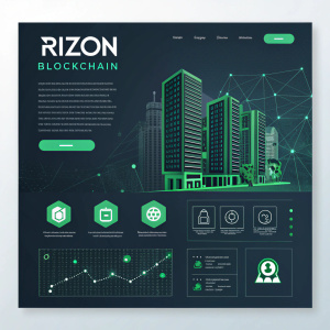 Website layout for Rizon Blockchain. Dark background, green accents. Header, main body, sidebars with icons and brief descriptions. Modern, tech-focused design.