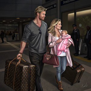 Chris Hemsworth and Elsa Pataky at LAX airport. Chris with Louis Vuitton luggage. Elsa holding infant in pink. Dimly lit with airport staff in background.