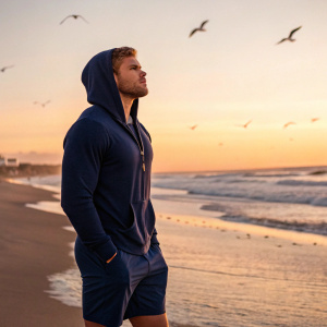Kellan Lutz, actor, standing alone on a beach at sunset. Wearing a navy hoodie and shorts.