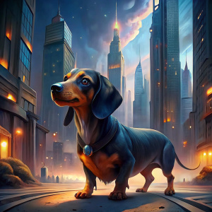 perro salchicha mega gigante en una ciudad
