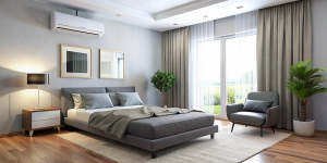 in a room with modern renovation there is an air conditioner hanging on the wall
