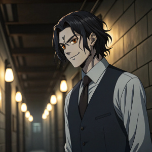 Muzan Kibutsuji from Demon Slayer, standing in a dimly lit corridor with flickering lights. Dark vest and tie, messy black hair. Scary facial expression.