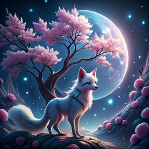 sakura tree wallpaper, moonlight,cute white fox with seven tails