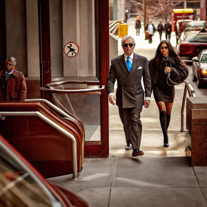 Roger Stone and Nydia Stone exiting a bustling city skyscraper. Roger in a tailored black suit and blue tie, sunglasses perched on his head. Nydia in a sleek black outfit with long dark hair flowing freely. A no-smoking sign visible in the background.