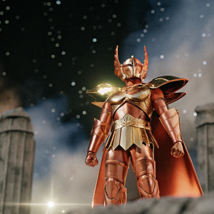 Golden Saint, Saint Seiya anime character, in a heroic pose. Dark, mystical background with stars