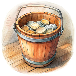 Bucket of  wooden coins, China