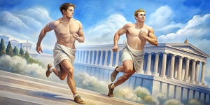 Ancient Greece. Panathenaic Stadium. A couple of realistic cute shirtless tall thin guys with short hair wearing white perizoma, barechested, barefoot, at full height, are running very fast. Clear blue sky.