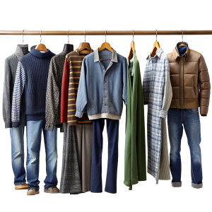 A set of women's and men's modern casual clothing, which hangs on a hanger in the front without a background (With a sweater, vest, shirt, jeans and jumper)