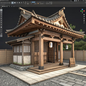 Screenshot showcasing 3ds Max software interface. Highlighting a detailed 3D model of a traditional Japanese shrine. Brown wooden gate and simple interior visible. Dark grid background