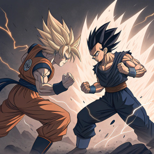 Concept art of DragonBall Fusion featuring Goku and Vegeta. The characters are depicted in intense fighting stances. Dark shades and dynamic line work.