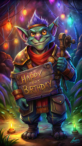 Персонаж Карлсон держит табличку со словами Happy Birthday