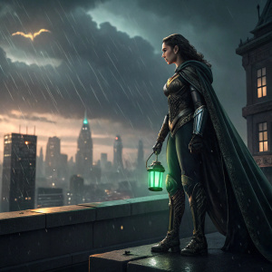 Gal Gadot as Wonder Woman, standing on Gotham City rooftop. Wears armor and cape. She's holding a glowing green lantern. Dark, rainy night background.
