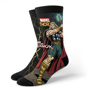 Marvel Thor Ragnarok socks. Bold graphic design featuring muscular Thor. Dynamic pose. Predominantly black with vivid metallic and earthy tones. Marvel Comics logo prominent.