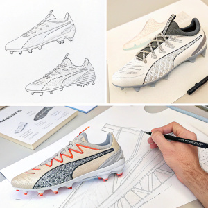 Photographic timeline showcasing the creation of the Puma x Rimac 90gram football boot. From initial sketches to the finished product. Detailed images highlighting materials and finishes.
