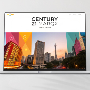 The Century 21 Marqx São Paulo website design. Clean, modern look. Bright colors, abstract cityscape images, company name and services clearly displayed