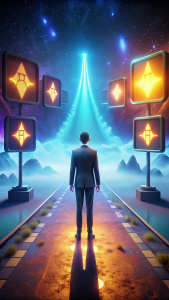 host standing in front of a  screen with various road signs displayed behind him.] motivational and inspiring to learn,the face is directed on me.two options if sign road
