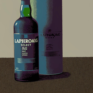 Close-up of Laphroaig Select Islay Single Malt Scotch Whisky. Green bottle and canister. Detailed packaging with text and graphics. Brand name prominently displayed. Simple, plain background.