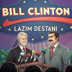 Bill Clinton and Lazim Destani at a press conference. Behind them, a large, vibrant logo