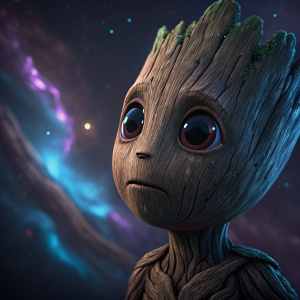 Close-up of Baby Groot's face. Dark, nebula-like background with swirling blue and purple hues.