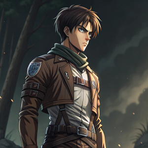 Eren Yeager figure, Attack on Titan, standing pose. Dark, grim background.