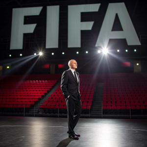 Giovanni Infantino, FIFA President, in a sleek black suit. Standing on an empty stage with bright spotlights. The background showcases a massive FIFA logo and rows of empty red seats.