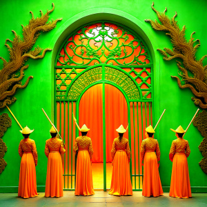 six women with broomstiks 
 entering into the high opend iron gate great green dragon, the gates opened to bewitches in the universe with crown