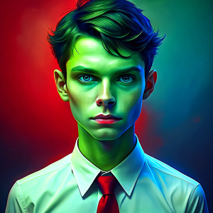 young male with green skin, neatly combed short hair parted to the left, with two different colored eyes, one blue and one red, wearing a white button up shirt and a black tie