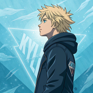 Digital artwork featuring 'Kyle', blonde spiky hair. Icy blue and translucent background. Anime style, modern graphic design.