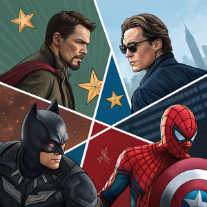 Collage showcasing iconic action scenes from movies like 'The Matrix', 'Inception', 'Spider-Man', and 'Avengers'. Features characters Neo, Batman, Spider-Man, and Captain America in dynamic poses. Mixes various art styles including digital painting, comic book illustration, and photorealism.
